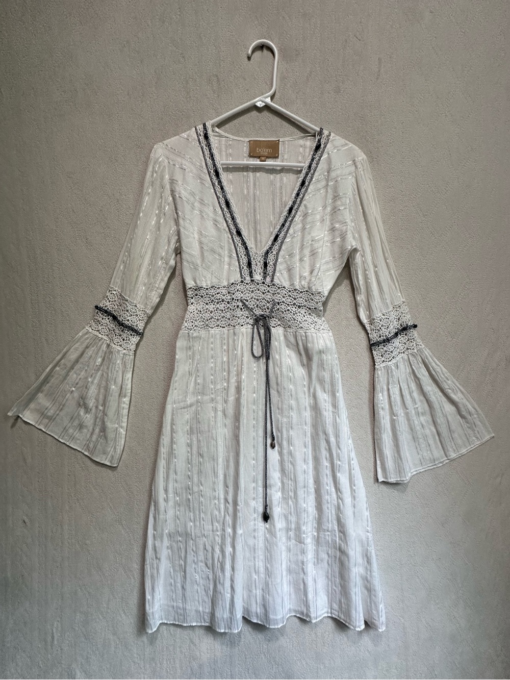 Bo'em Piaga White Crochet Tie-Waist Dress with Black Trim Cover Up Sz M